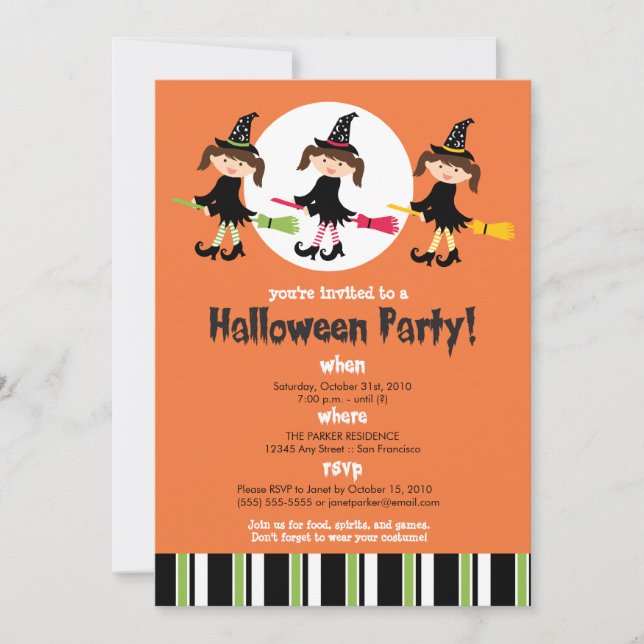 Tres invitaciones a la fiesta de Halloween de bruj (Anverso)