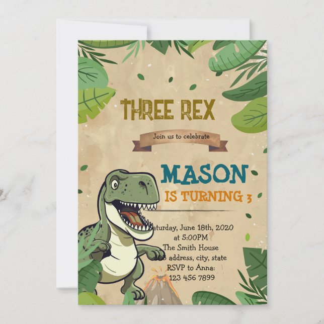 TRES invitaciones de cumpleaños de dinosaurios REX (Anverso)