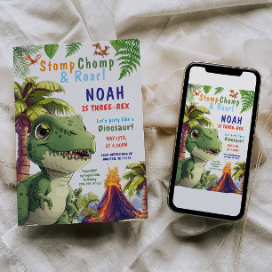 Tres invitaciones para el cumpleaños de Dinosaurio