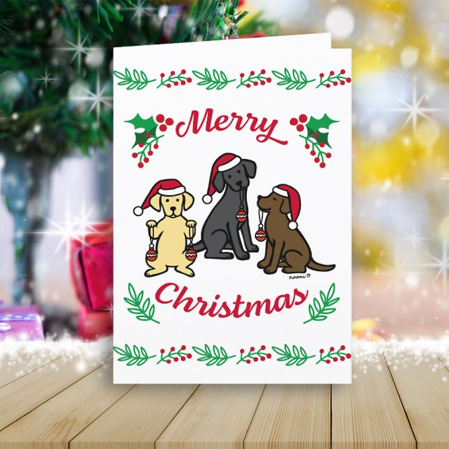 Tres Labradores y Adornos Navidad (Three Labradors and Ornaments Design Christmas Cards for Labrador Retriever Owners.  Cartoon Design.)