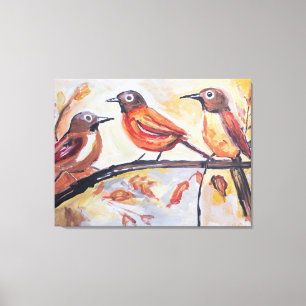 Tres pájaros cantores en rama Arte Folclórico