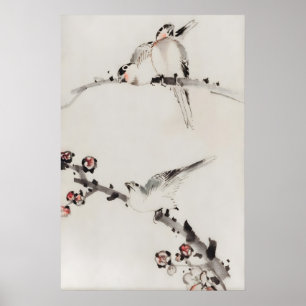 Tres pájaros posados en ramas Arte japonés refinad