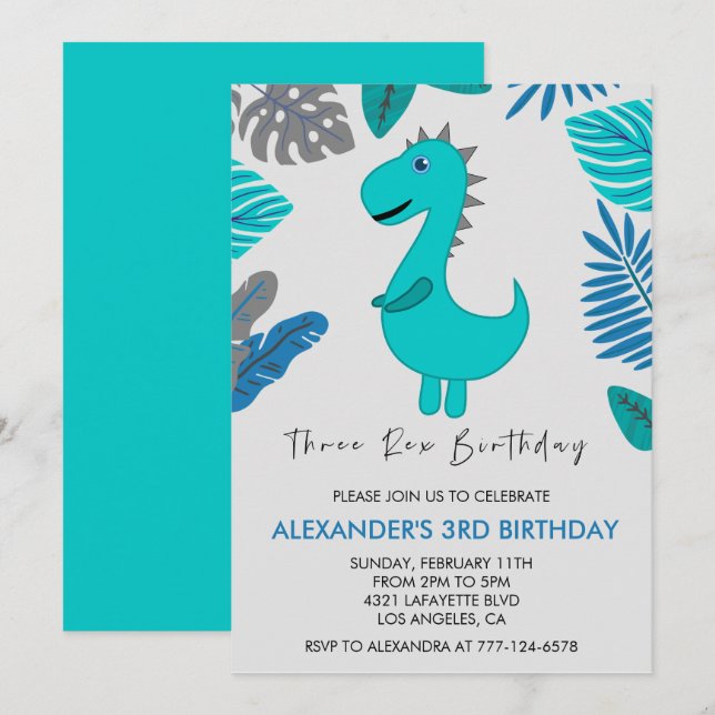 Tres rex invitación de cumpleaños tiranosaurio ter (Anverso / Reverso)