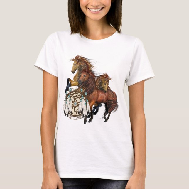 Tres salvajes Stallions y la camiseta Mandala (Anverso)