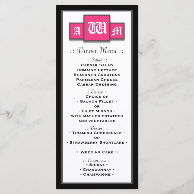 Tri-Monograma Fuchsia Menú de recepción de boda mo (Anverso)