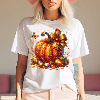 Triblenda Camiseta de calabaza enjoyada con gemas y arte de 