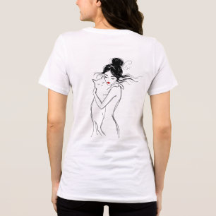 Triblenda Camiseta de dibujo de mujer abrazando gato con art