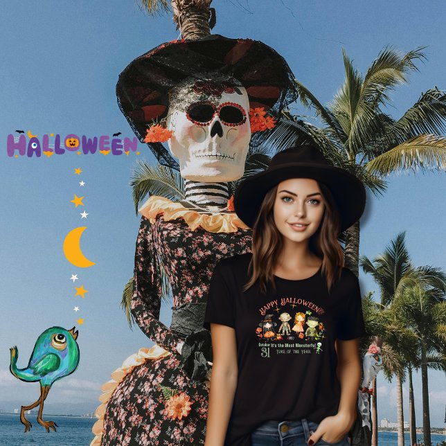 Triblenda Camiseta de Fiesta de los monstruos de Halloween (Cute Halloween Monsters Party T-Shirt Tri-Blend Shirt)