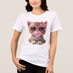 Triblenda Camiseta de gato lindo con chicle