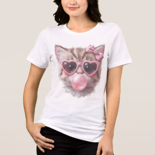 Triblenda Camiseta de gato lindo con chicle