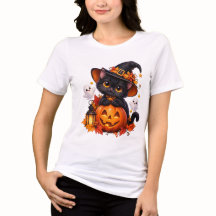 Camiseta de Halloween de gato negro y calabaza