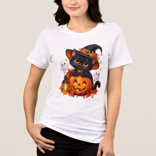 Triblenda Camiseta de Halloween de gato negro y calabaza