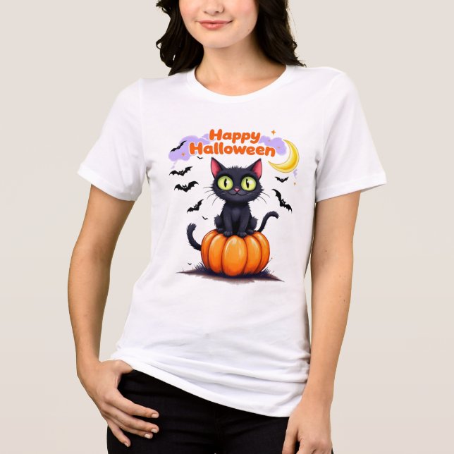 Triblenda Camiseta de Halloween feliz gato negro (Anverso)
