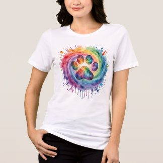 Triblenda Camiseta de Huella de Pata de Arcoíris con Acuarel