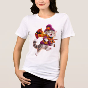 Triblenda Camiseta de mujer de violín de gato otoño acogedor