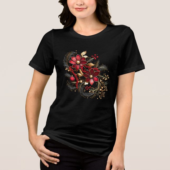 Triblenda Camiseta De Mujer Flores Decorativas Rojas De Vaca (Anverso)