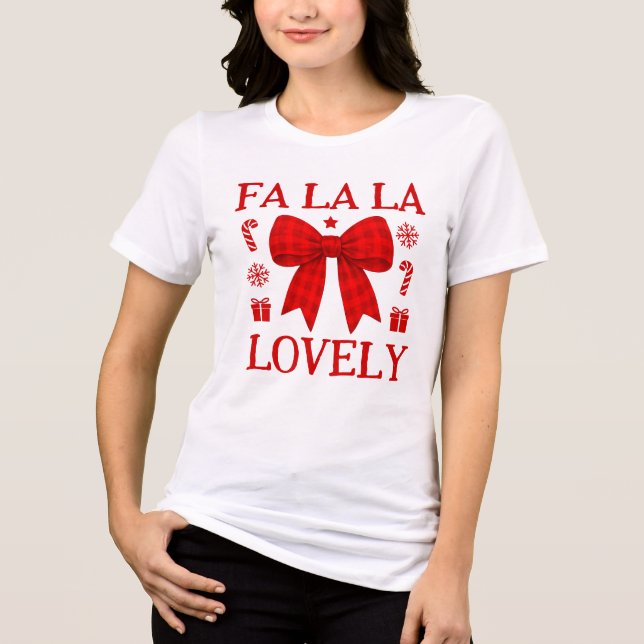 Triblenda Camiseta de Navidad con lazo de gingham rojo Fa La (Anverso)