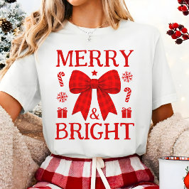 Triblenda Camiseta de Navidad con lazo de gingham rojo Merry