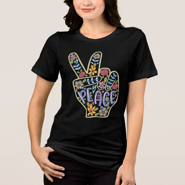 Triblenda Camiseta de Rótulo de mano de paz floral - Hippie  (Anverso)