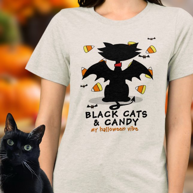 Triblenda Camiseta de tres mezclas de Halloween con gato neg (All about black cats and candy? Here's your next Halloween Shirt!)