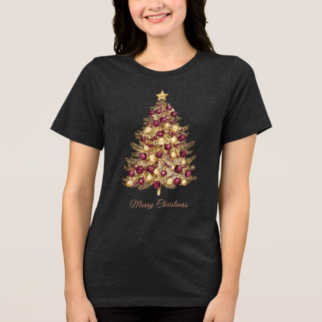 Triblenda Camiseta femenina de árbol de navidad de Borgoña d (Anverso)