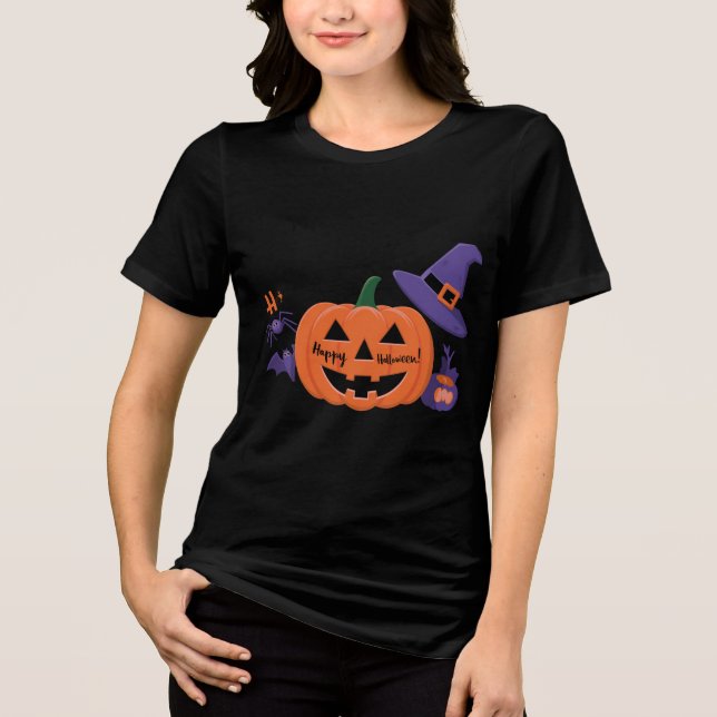 Triblenda Camiseta femenina de calabaza feliz de Halloween (Anverso)