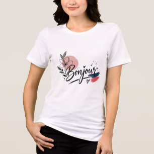 Triblenda Camiseta femenina de tipografía floral Bonjour lin