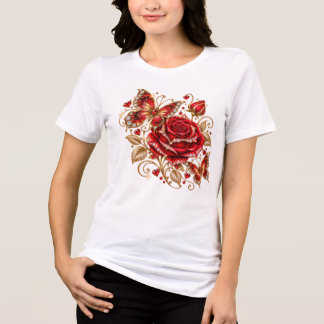 Triblenda Camiseta floral elegante de rosa roja y mariposa