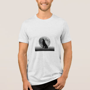 Triblenda Camiseta gráfica minimalista de lobo lunar en blan