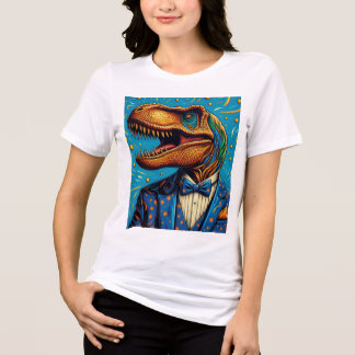 Triblenda Camiseta mujer. imagen de T-Rex con traje de gala