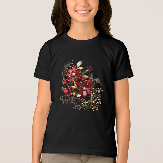 Triblenda Camiseta navideña de flores de decoración roja (Anverso)