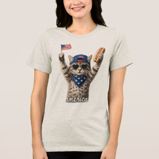 Triblenda Camiseta Patriótica de Gato para Mujeres Amantes d