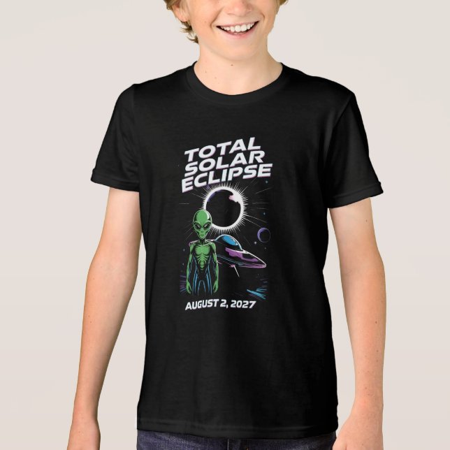 Triblenda Eclipse Total de Sol 2026 Camiseta Infantil Alien  (Anverso)