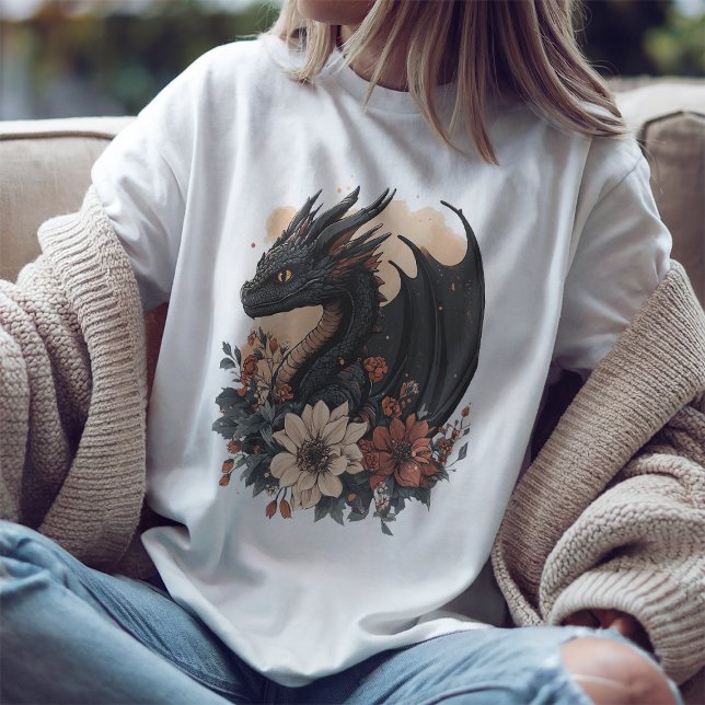 Triblenda Fantasía Dragón negro y camiseta de arte floral (Subido por el creador)