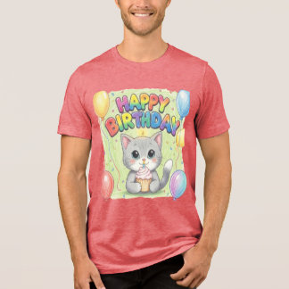 Triblenda "Feliz Cumpleaños Diseño de Camiseta de Gato Lindo