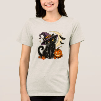 Triblenda Gorro de bruja con gato negro lindo camiseta de Ha