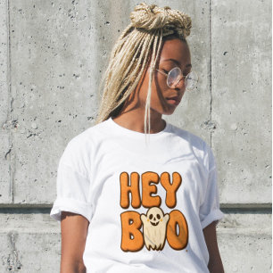 Triblenda Hey Boo Camiseta divertida de Halloween para mujer