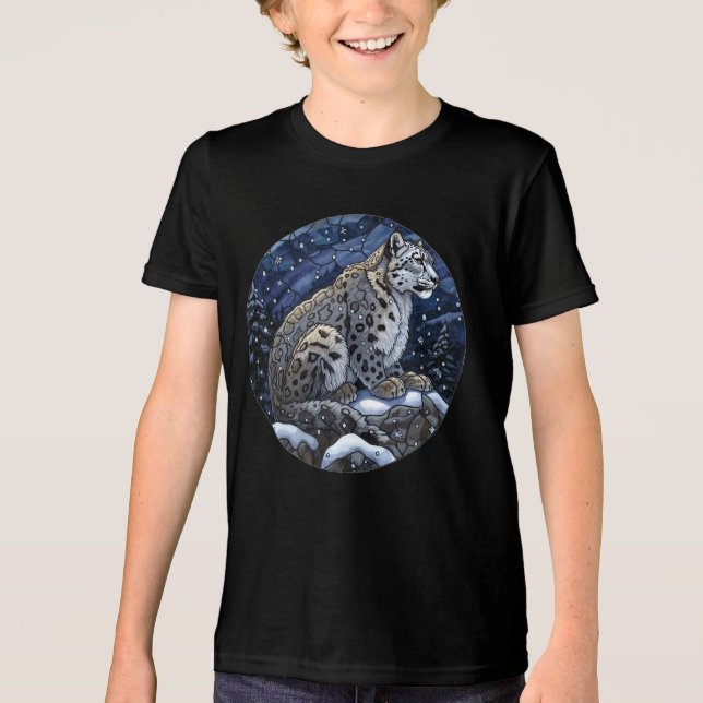 Triblenda Jóvenes niños leopardo de nieve camiseta negra. (Anverso)