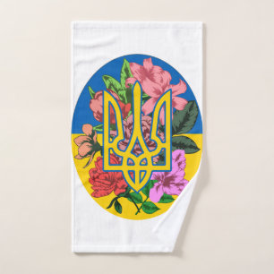 Tridente ucraniano y bandera de Ucrania con flores