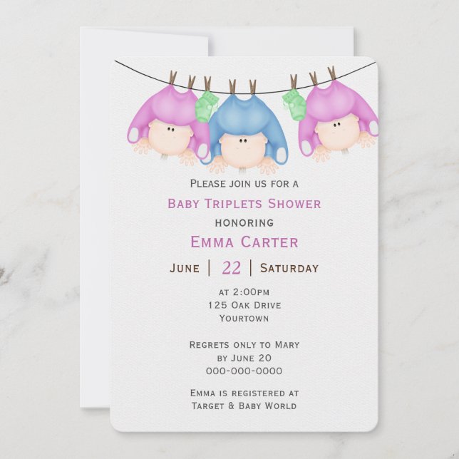 Trillizos en la invitación de Baby Shower en Cloth (Anverso)