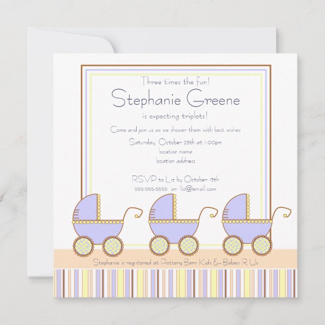 Trio Carriage Triplets Boy Invitación Baby Shower (Anverso)