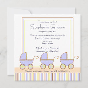 Trio Carriage Triplets Boy Invitación Baby Shower
