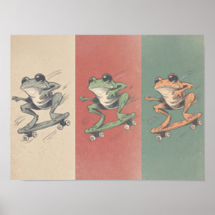 Trío de rana skate retro – Arte animal vintage