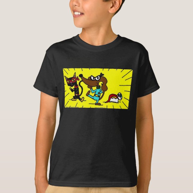 Trio de superhéroes medianos niños camiseta oscura (Anverso)