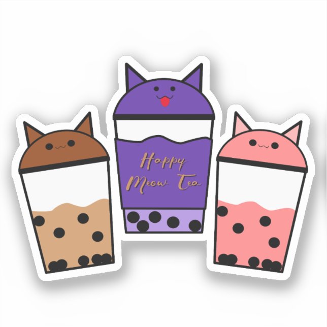 Trío Kawaii Meow Tea Pegatina de Vinilo (Anverso)
