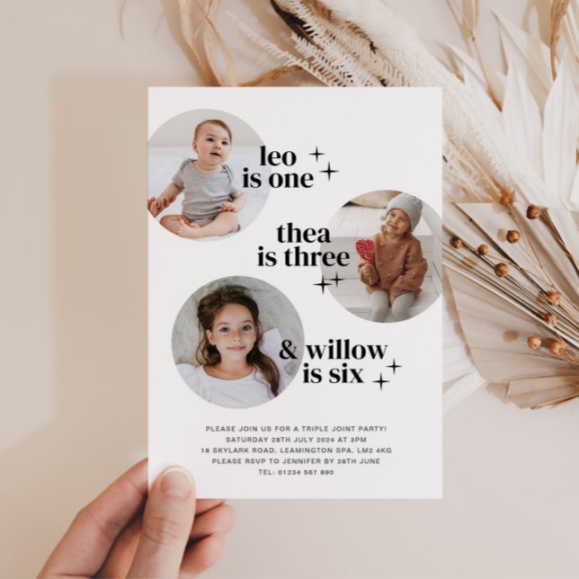 Triple invitación conjunta de cumpleaños con arcos (Subido por el creador)