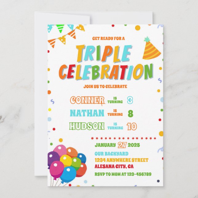 Triple invitación de cumpleaños Fiesta hermano (Anverso)