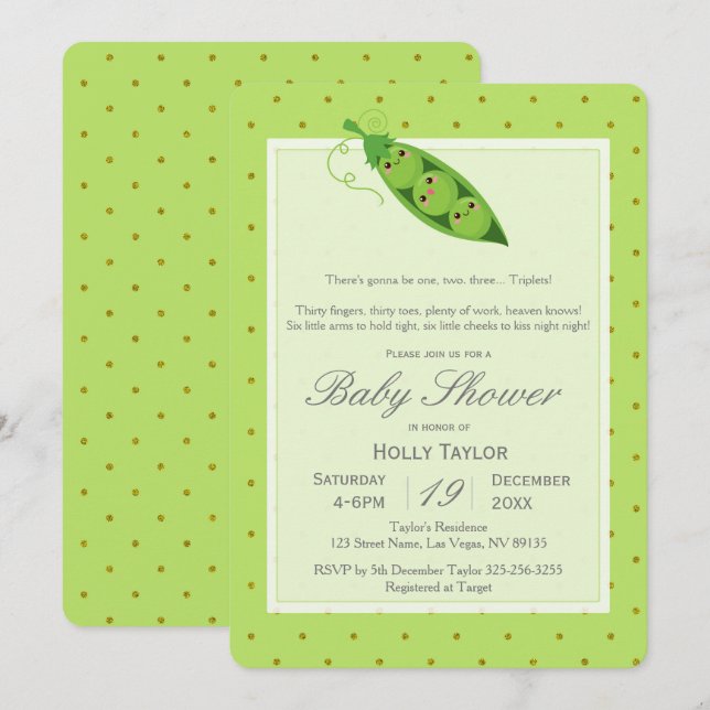 Triplet Peas en una invitación de Pod Baby Shower (Anverso / Reverso)