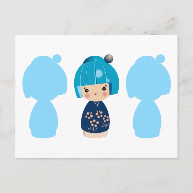 Tripleta azul kokeshi x3 postal (Anverso)