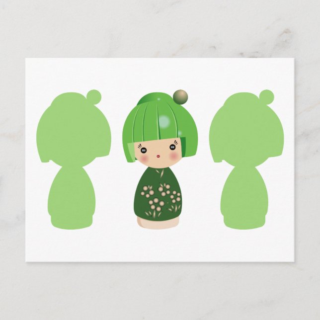 Tripleta verde kokeshi x3 postal (Anverso)